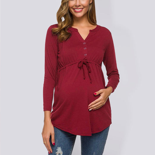Maternity Solid Color Drawstring Button Long-sleeve T-shirt