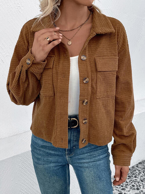 Love Cozy Stuff Collared Neck Button Front Camel Brown Jacket with Pockets
