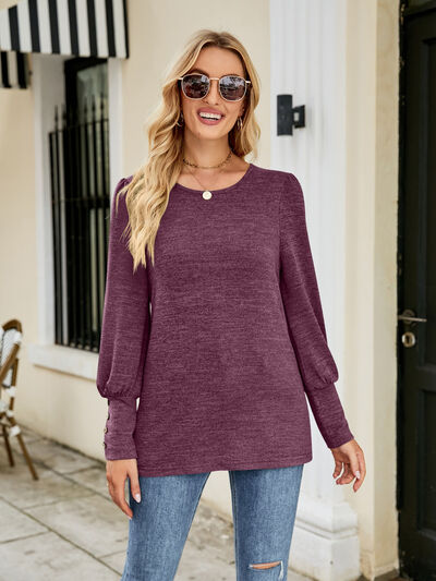 Women's Celeste Decorative Button Lantern Sleeve T-Shirt