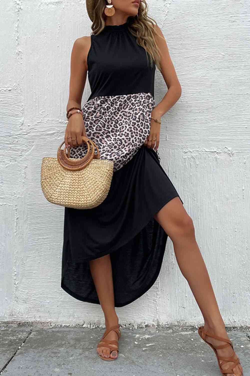 Black Leopard Contrast Sleeveless Maxi Dress