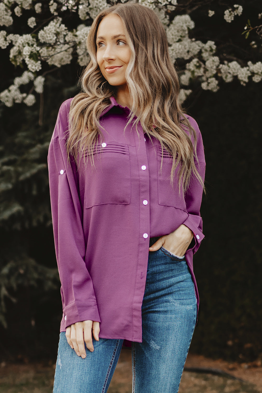 Women's Long Sleeved Full Size Button-Up Roll-Tab Sleeve Shirt