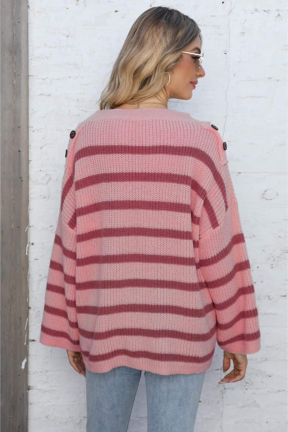 One Size Round Neck Dropped Shoulder Striped Sweater