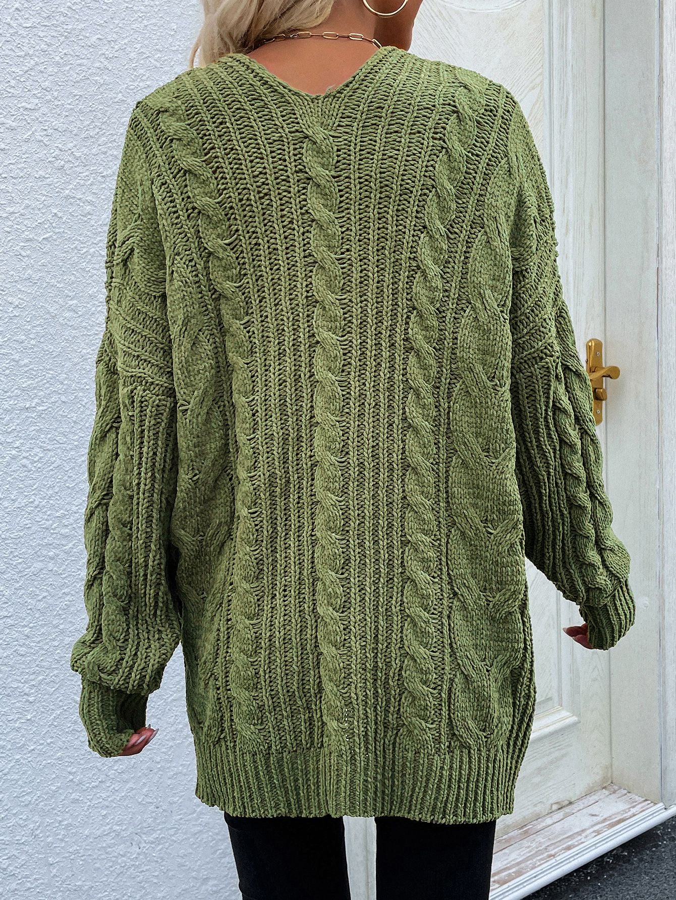 Women's Cable-Knit Open Front Cardigan with Front Pockets