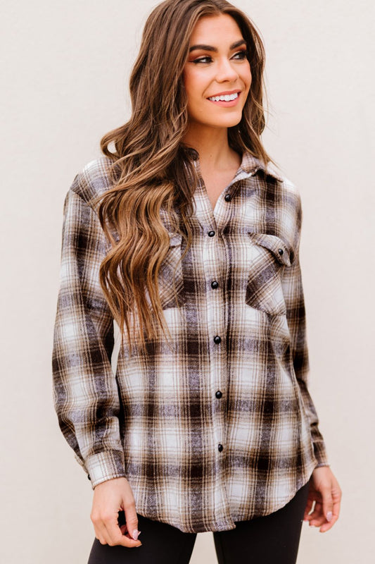Full Size Plaid Button-Up Curved Hem Shirt with Breast Pockets