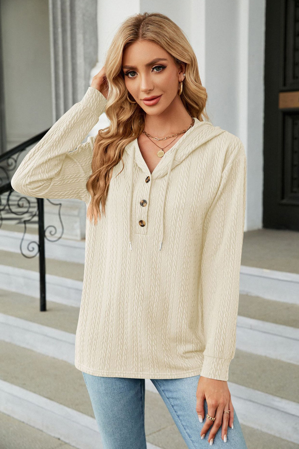 Full Size Cable-Knit Long Sleeve Hoodie