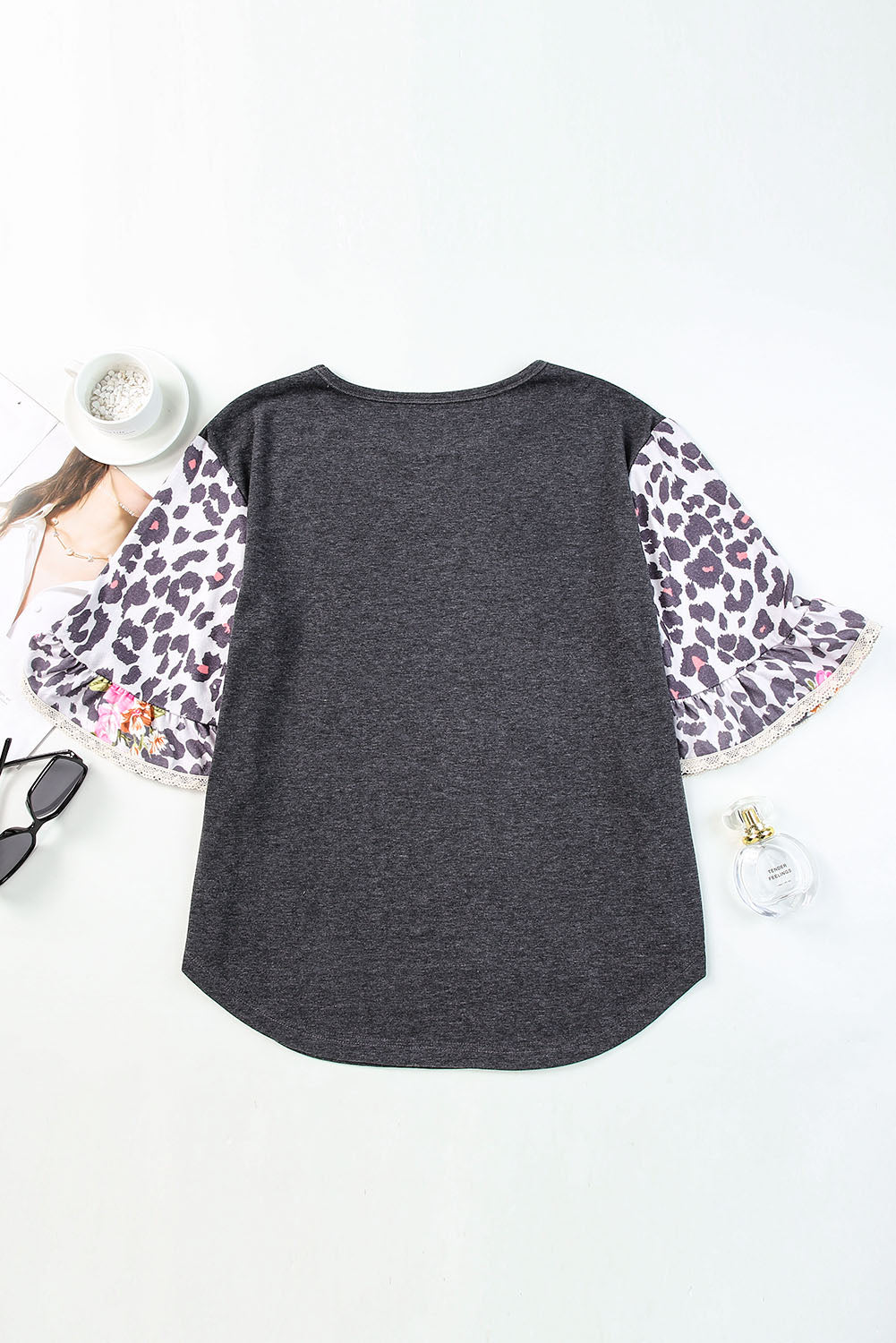 Women's Leopard Flounce Sleeve Round Neck Top