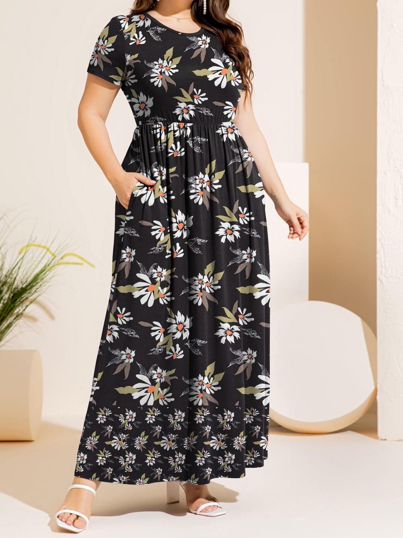Arlowe Lea Plus Size Printed Round Neck Short Sleeve Maxi Dress