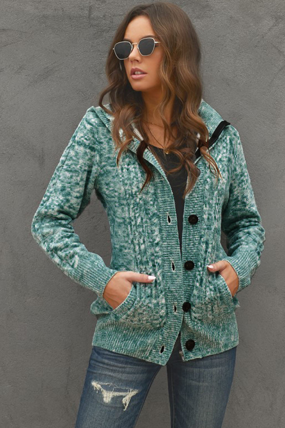 Women's Full Size Cable-Knit Fleece Lining Button-Up Hooded Cardigan