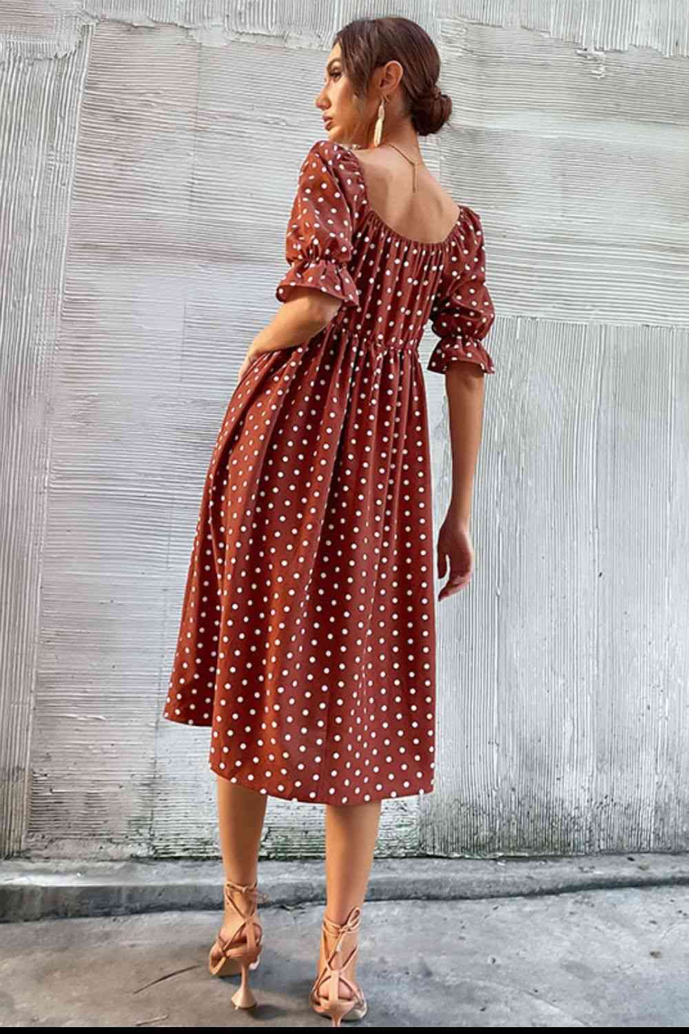 Polka Dot Square Neck Flounce Sleeve Rust Red Dress