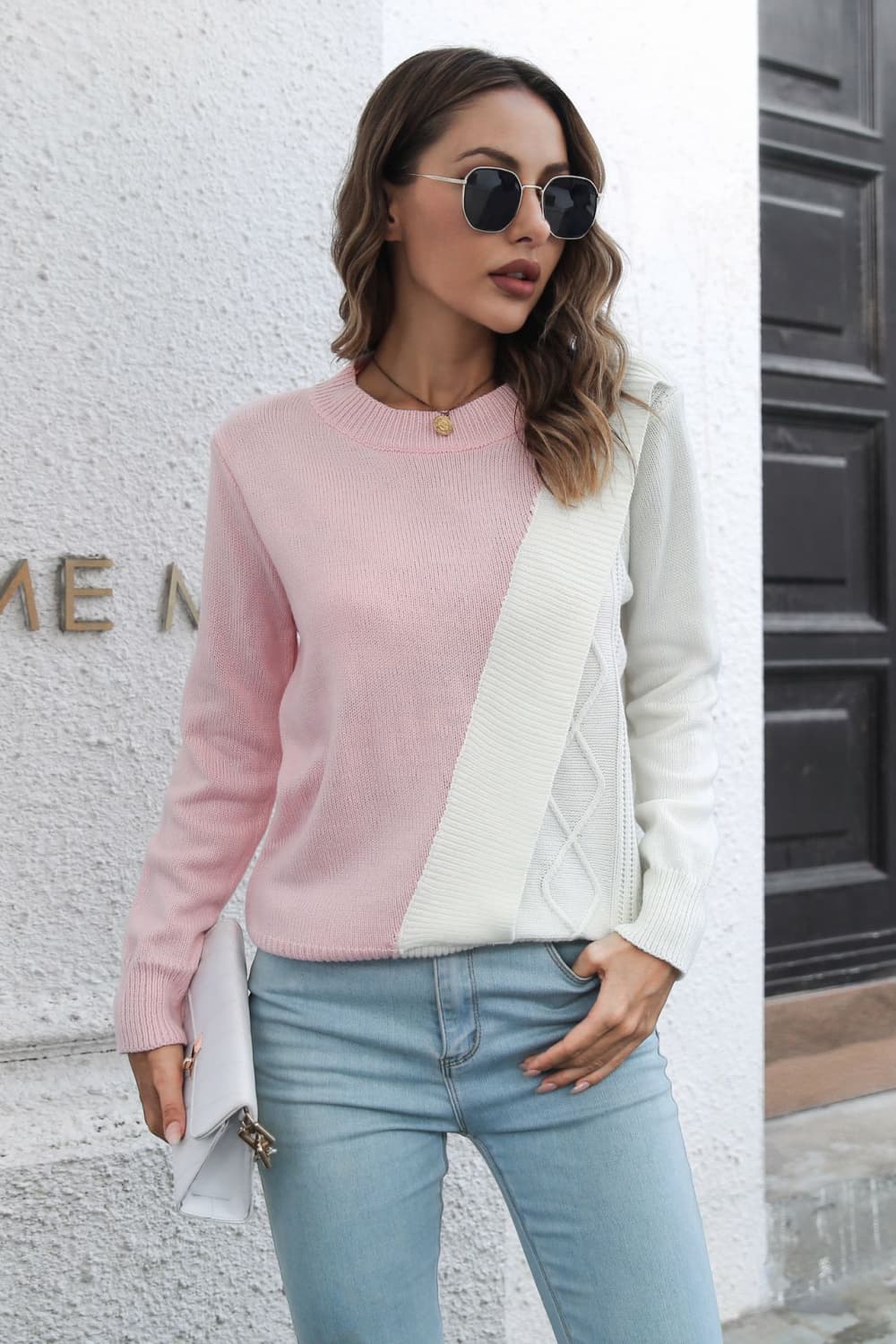NatashaJay Contrast Color Round Neck Long Sleeve Sweater 🦋