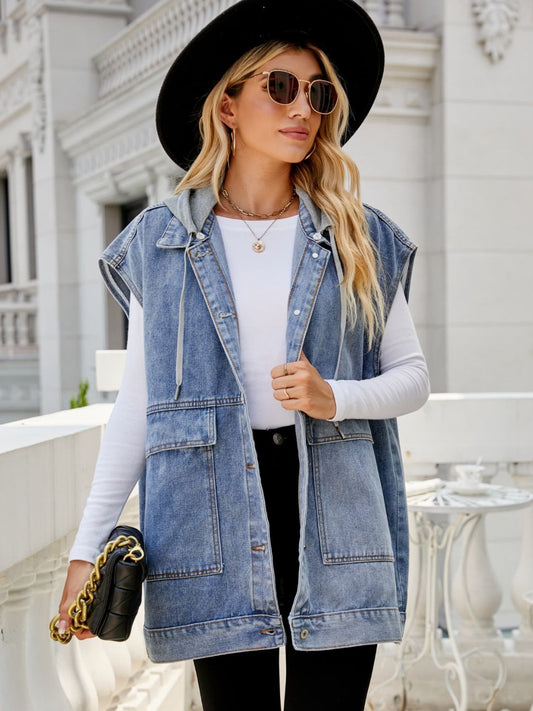 Women's Hooded Sleeveless Denim Top with Pockets
