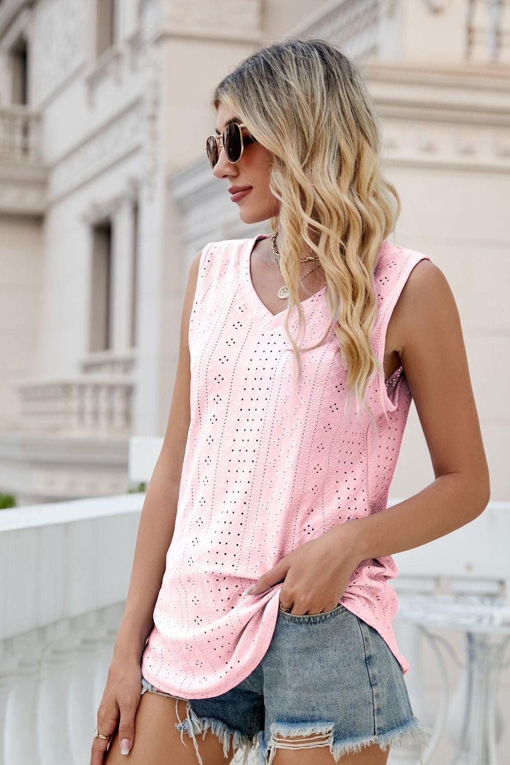 SALTYCHIC Full Size Eyelet V-Neck Tank