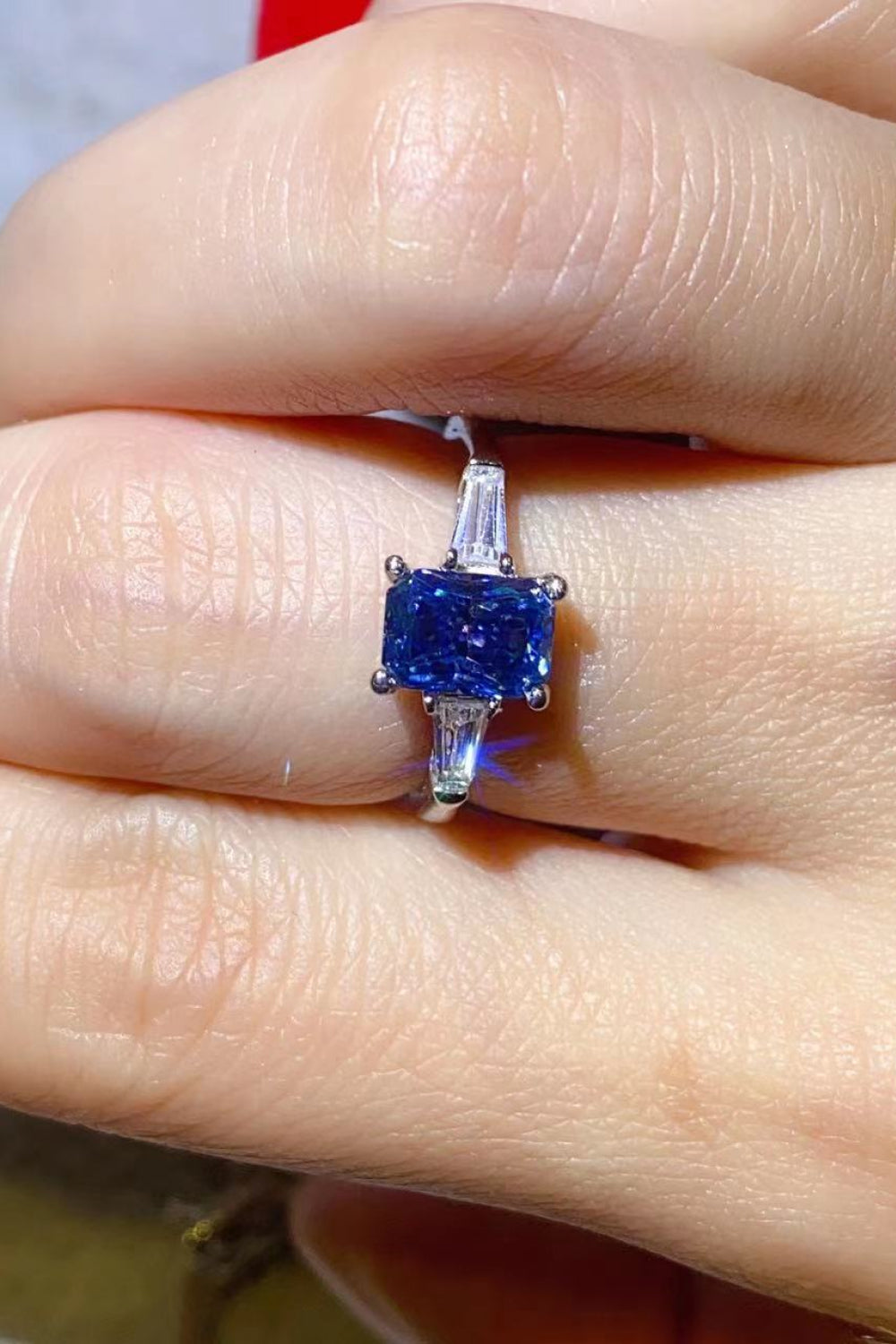 Women's 1 Carat Moissanite Platinum-Plated Rectangle Ring in Blue