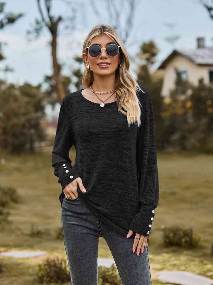 Full Size Round Neck Long Sleeve Buttoned T-Shirt