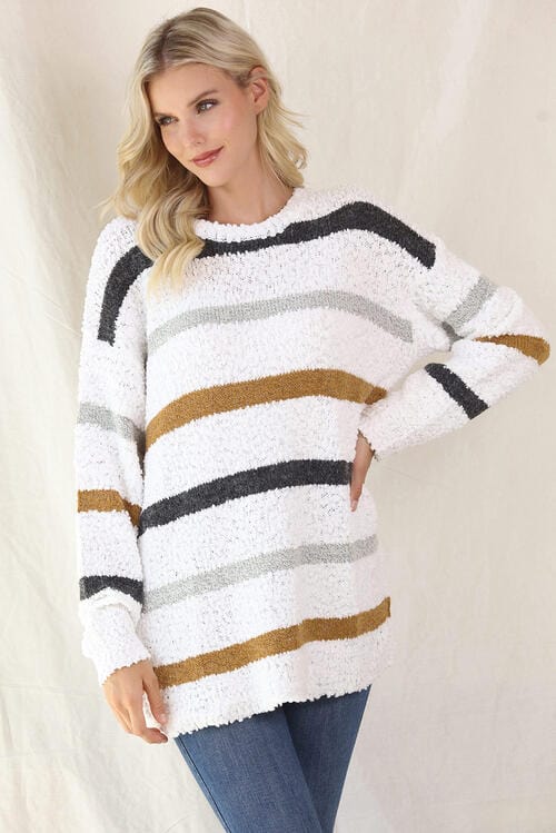 LoversLane Striped Round Neck White Long Sleeve Sweater