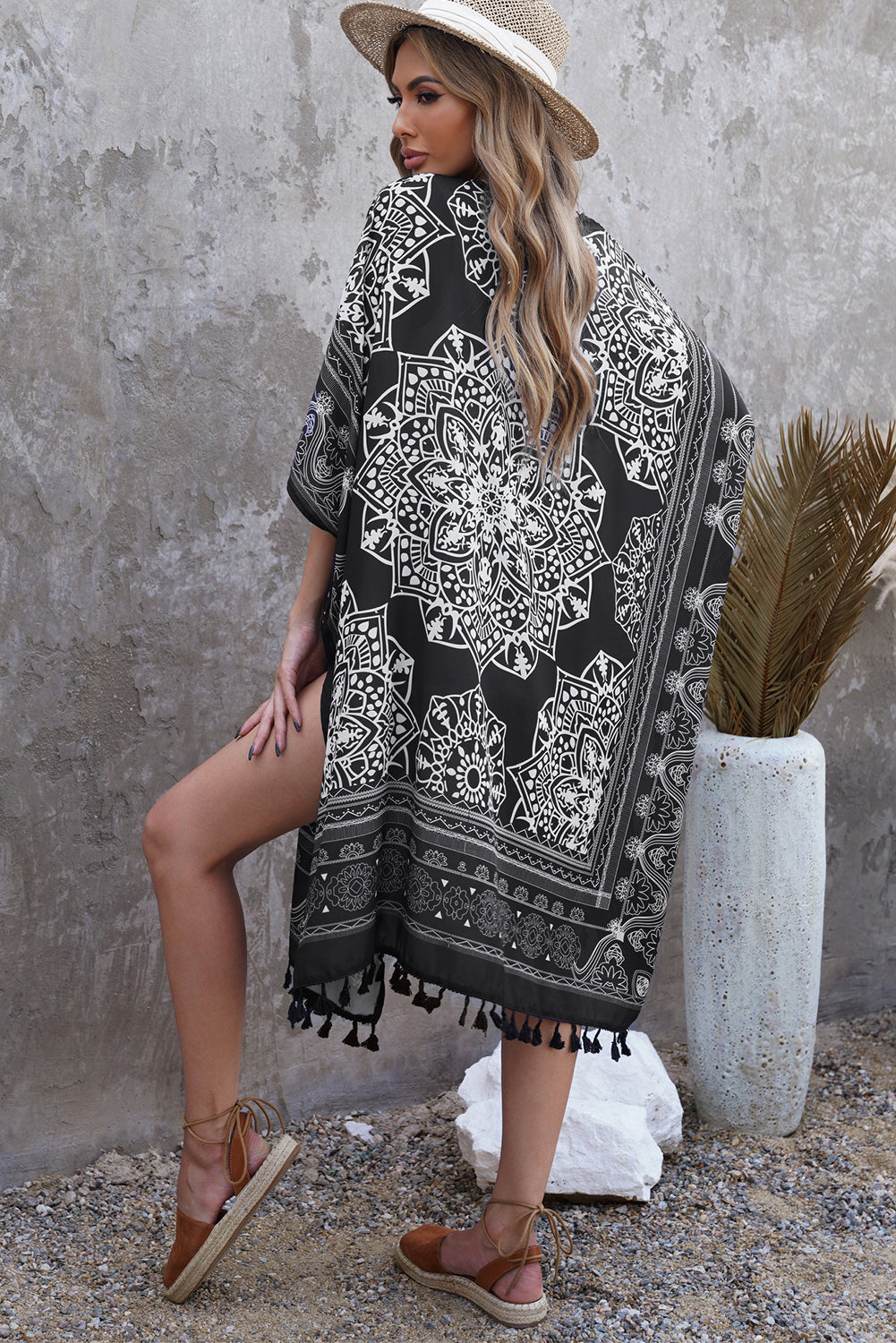 One Size Printed Tassel Trim Open Front Cardigan