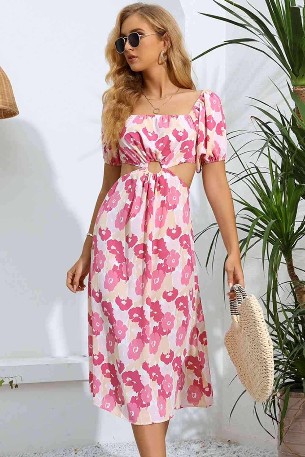 Carnation Pink Floral Cutout Square Neck Puff Sleeve Dress