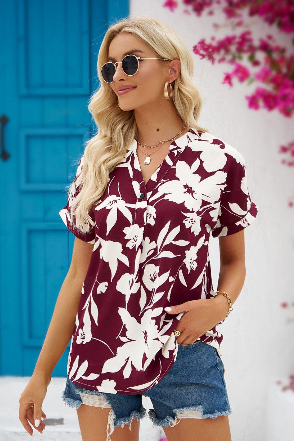 Women's Full Size Hanna Floral Notched Neck Cuffed Blouse