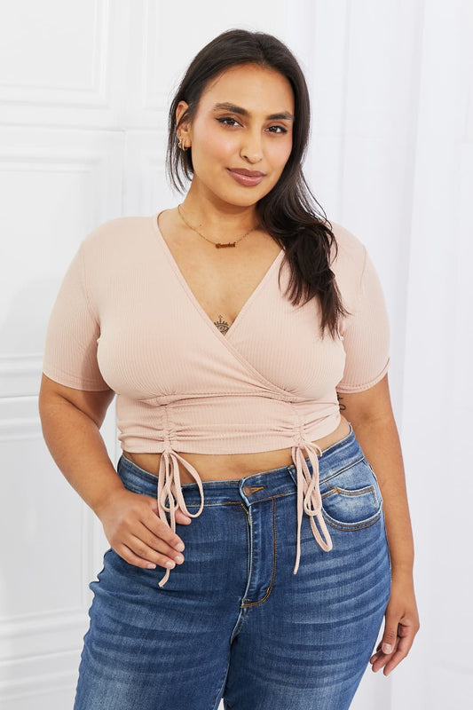 Malibu Dreams Capella Back To Simple Full Size Ribbed Front Scrunched Top in Blush