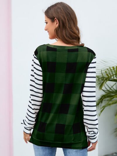 Women's HannahMea Plaid Striped Round Neck Long Sleeve T-Shirt