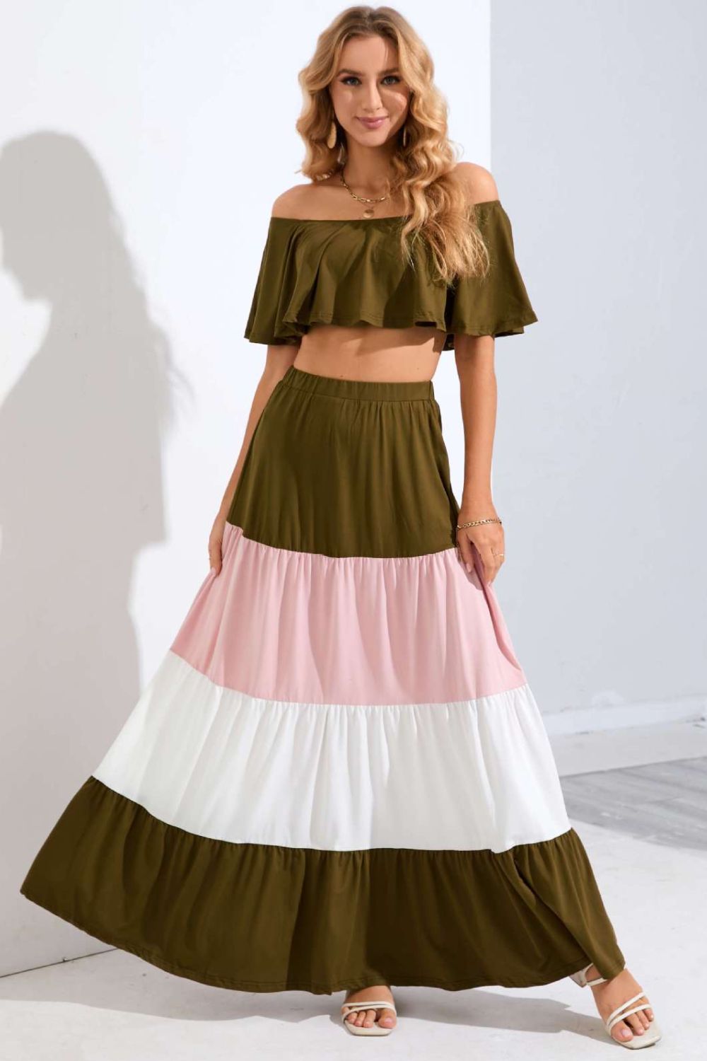 Women's Hailey Off-Shoulder Crop Top and Color Block Tiered Skirt Set