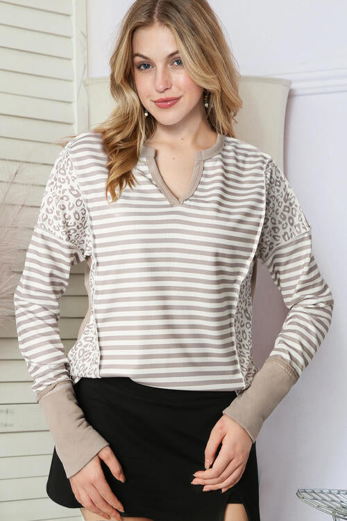 Pretty White Exposed Seam Striped Notched Blouse