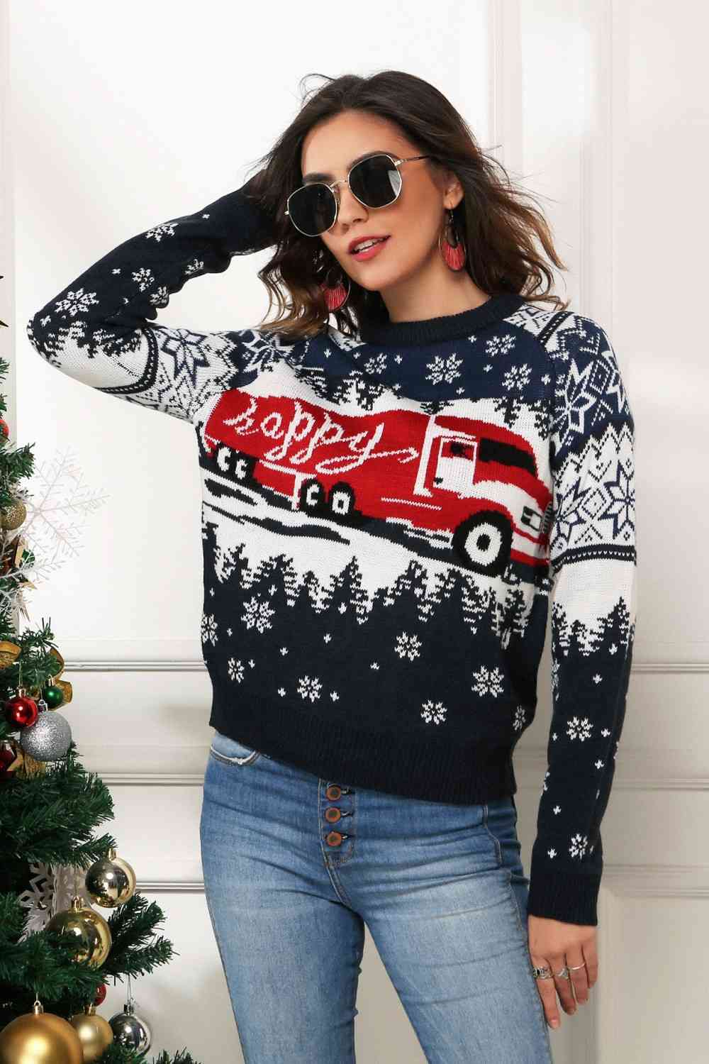 HAPPY Christmas TRUCKER Raglan Sleeve Sweater