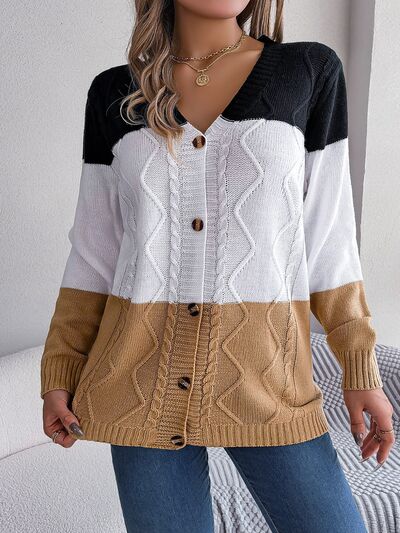SocialBee Cable-Knit Striped Button Up Cardigan