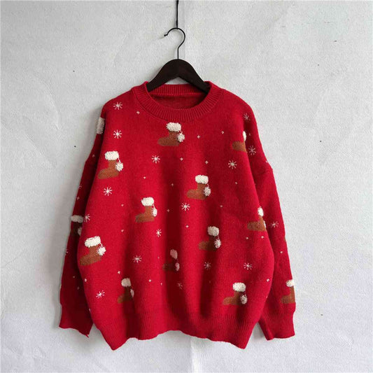 Christmas Printed Round Neck Drop Shoulder Sweater