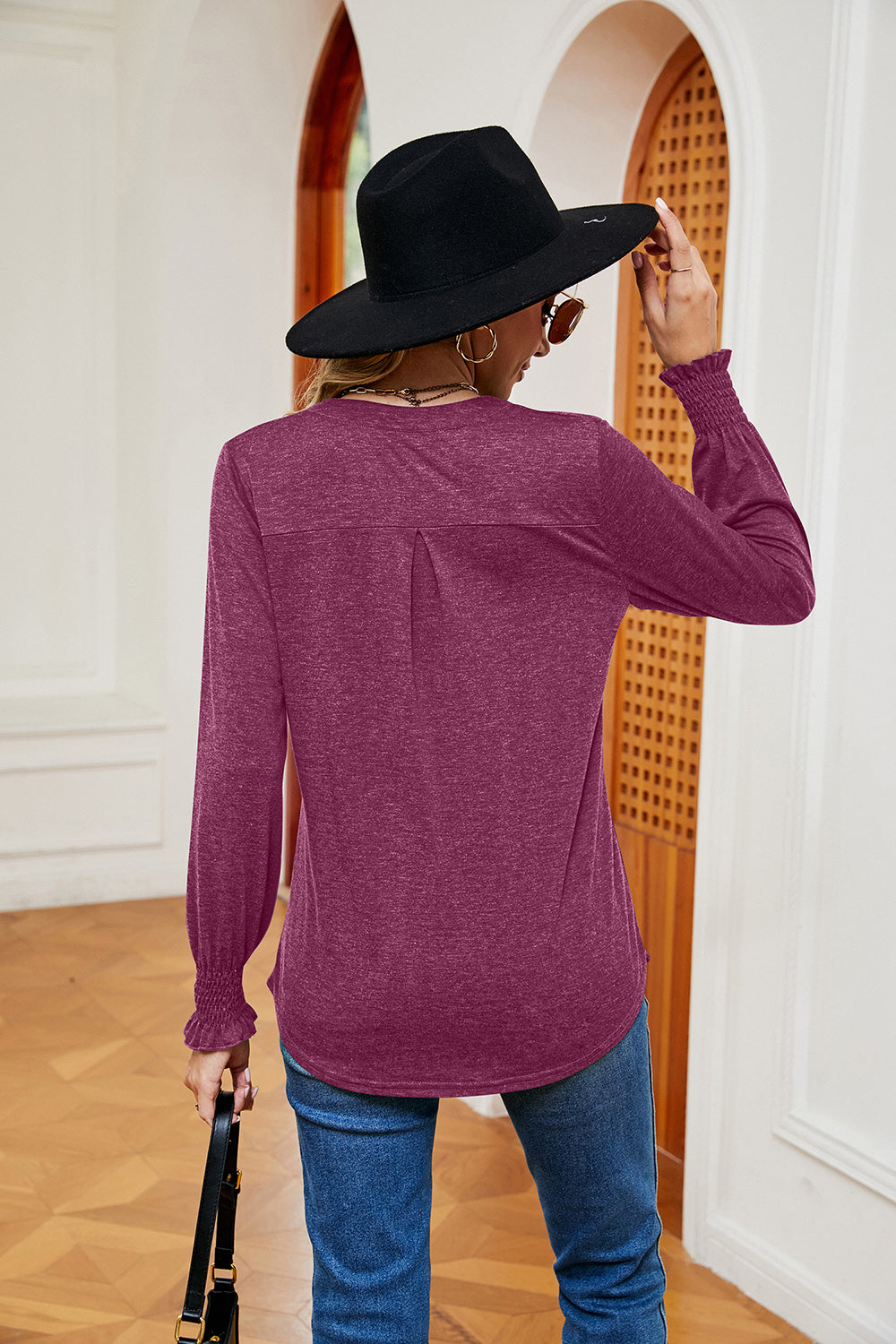 Full Size Notched Neck Long Sleeve Blouse