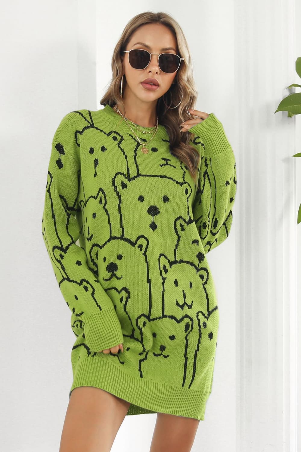 Athena Rea Bear Pattern Round Neck Sweater Dress