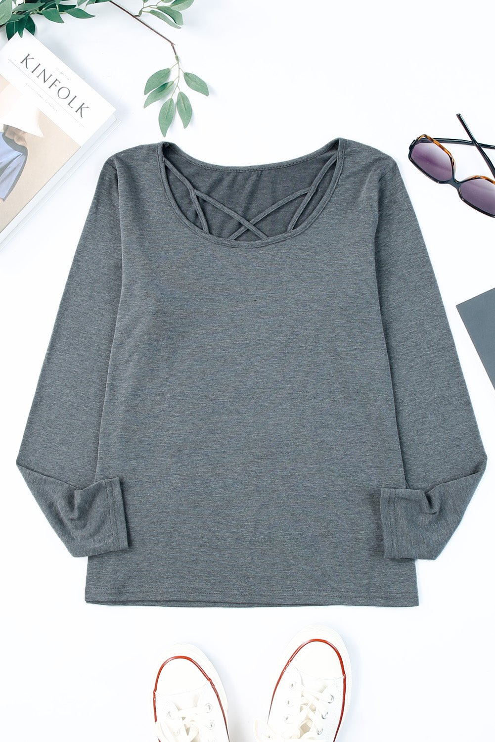 Full Size Gray Strappy Round Neck Long Sleeve Top
