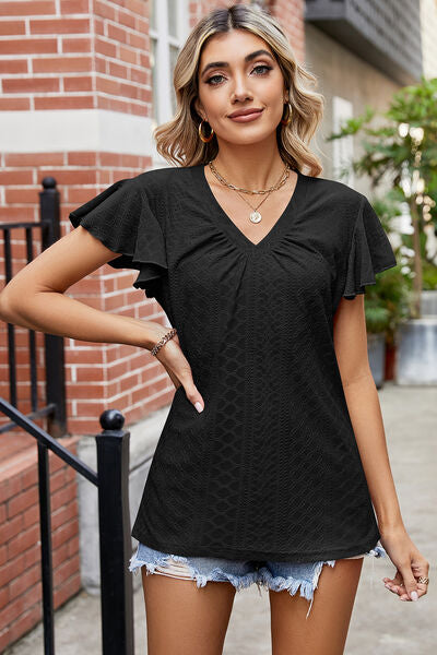 Eyelet V-Neck Flutter Sleeve T-Shirt