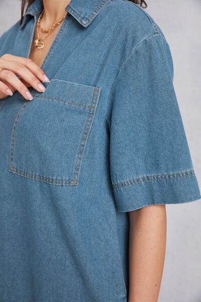 Larissa Bea Pocketed Collared Neck Mini Denim Dress