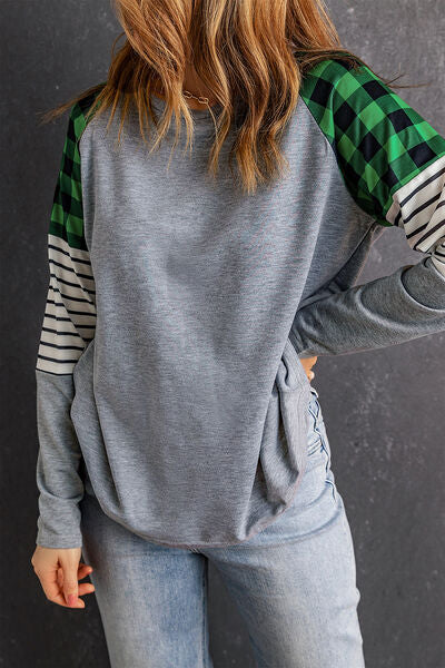 Striped Plaid Round Neck Long Sleeve T-Shirt