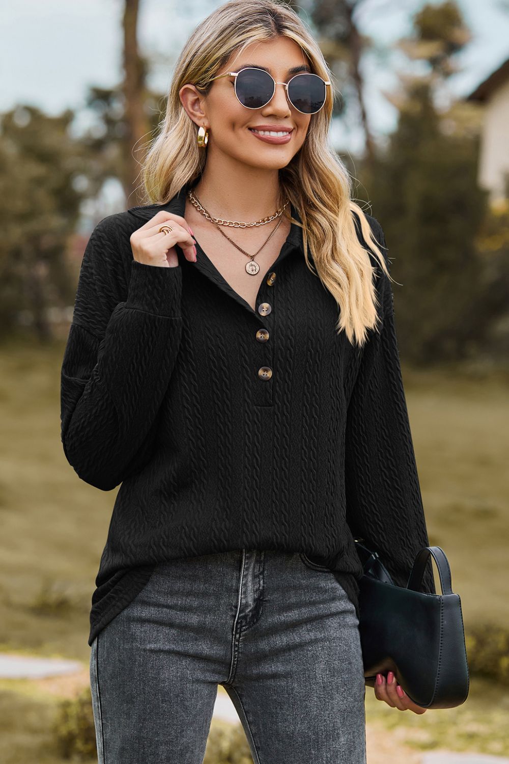 Half Button Dropped Shoulder Blouse