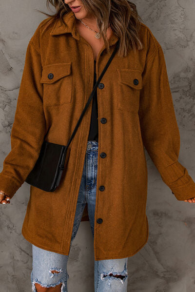 Chestnut Brown Pocketed Button Up Dropped Shoulder Jacket