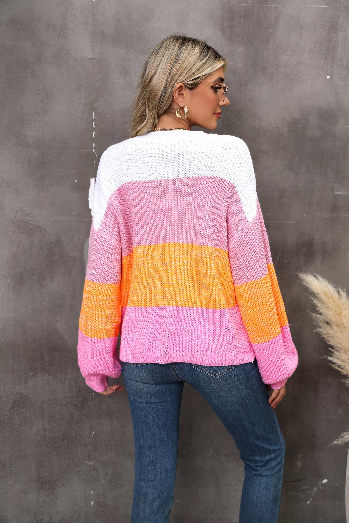 Hannah&Mea Color Block Round Neck Dropped Shoulder Sweater