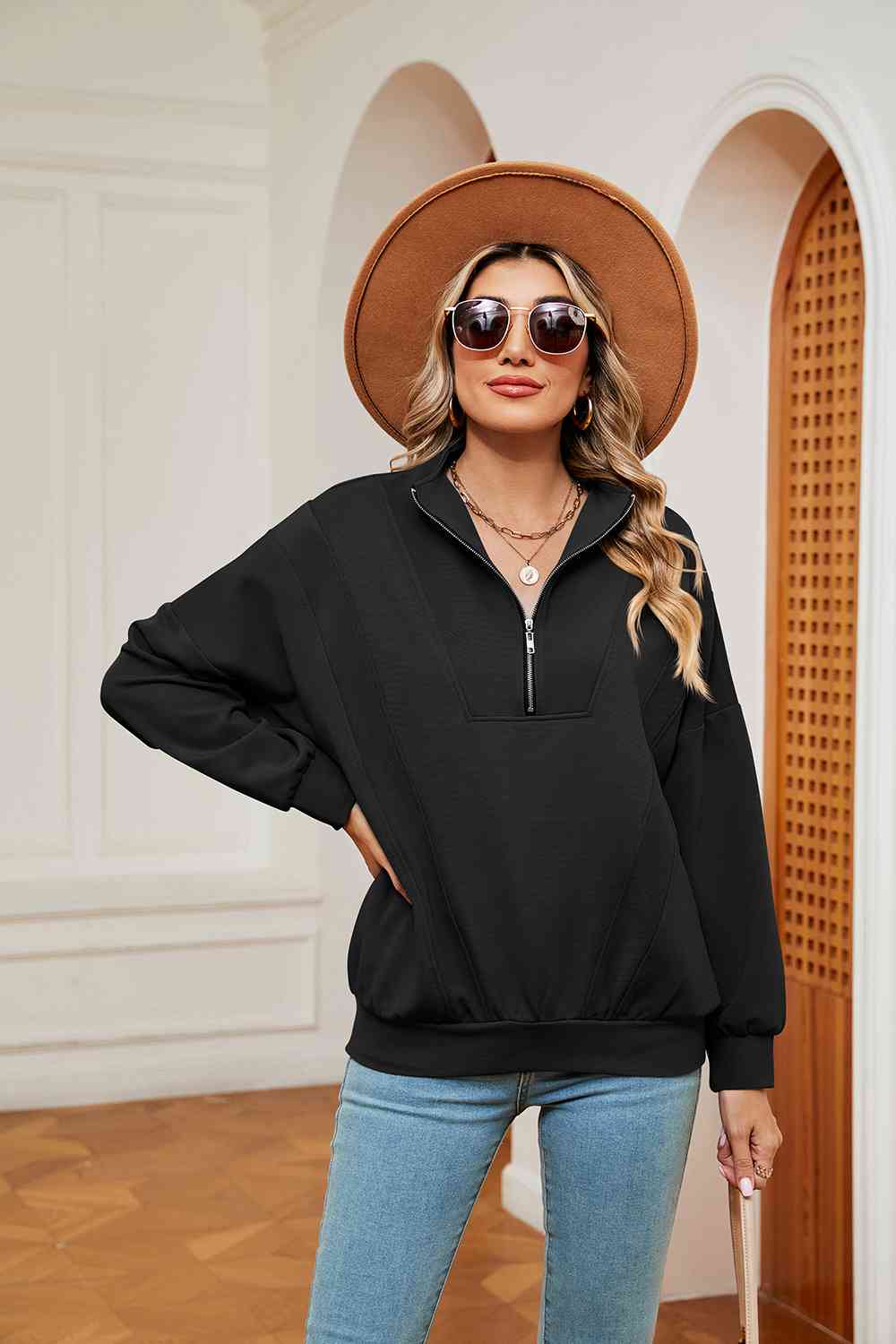 Full Size Half-Zip Dropped Shoulder Sweatshirt