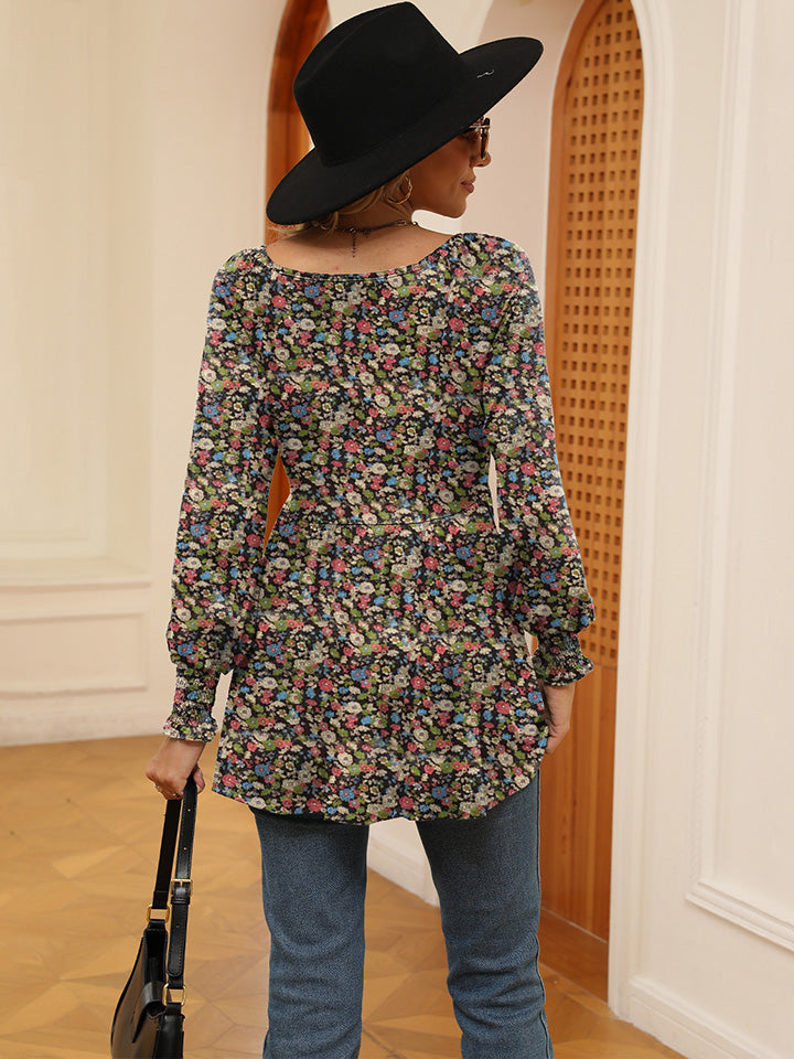 Full Size Printed V-Neck Lantern Sleeve Blouse