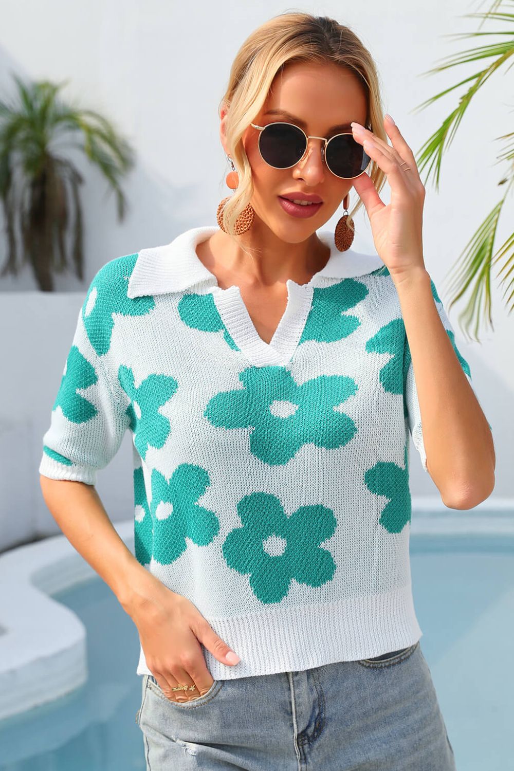 Women's Floral Johnny Collar Half Sleeve Knit Top