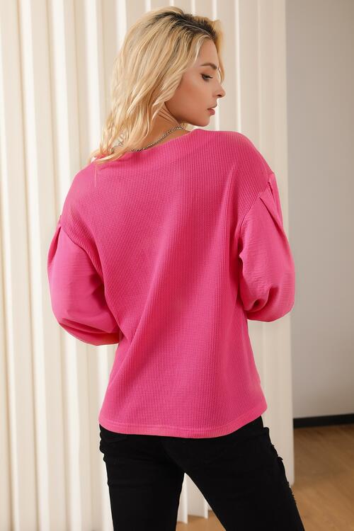 Aurora Lea Waffle -Knit V-Neck Long Sleeve Blouse