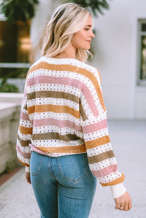 LoveByHannah Openwork Striped Round Neck Long Sleeve Knit Top