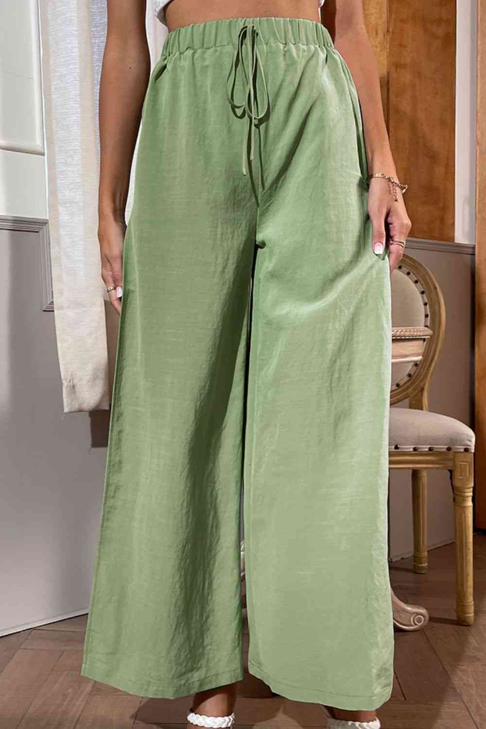 Gum Leaf Green Side Slit Wide Leg Pants