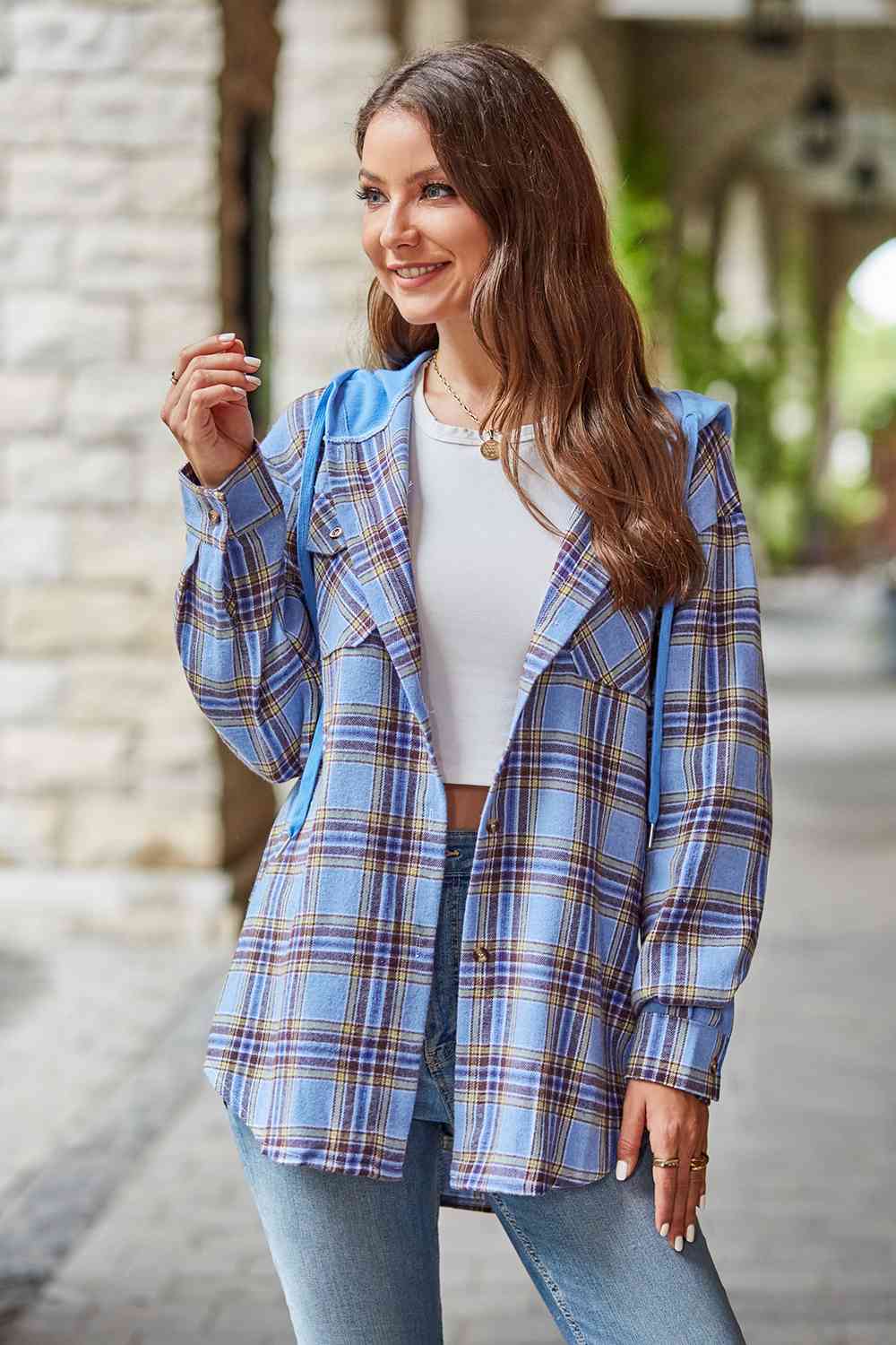 Full Size Plaid Long Sleeve Hooded Jacket