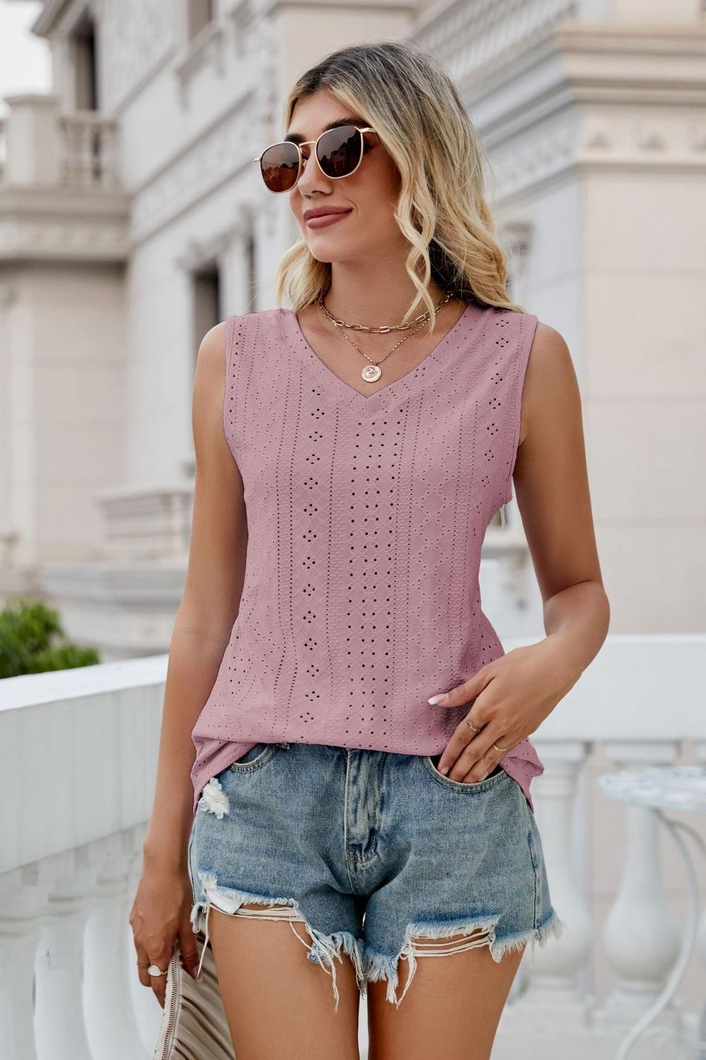 SALTYCHIC Full Size Eyelet V-Neck Tank