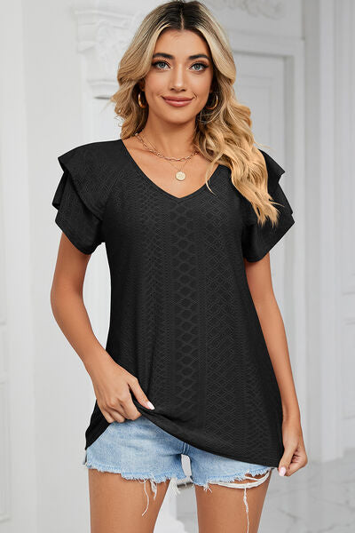 Eyelet V-Neck Short Sleeve T-Shirt