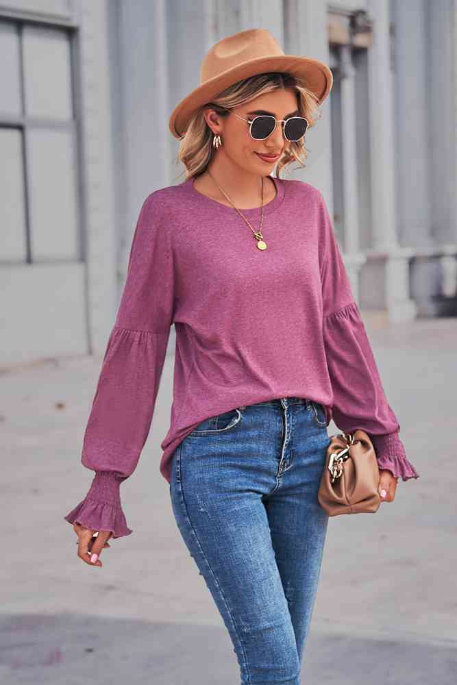 Full Size Round Neck Flounce Sleeve Blouse