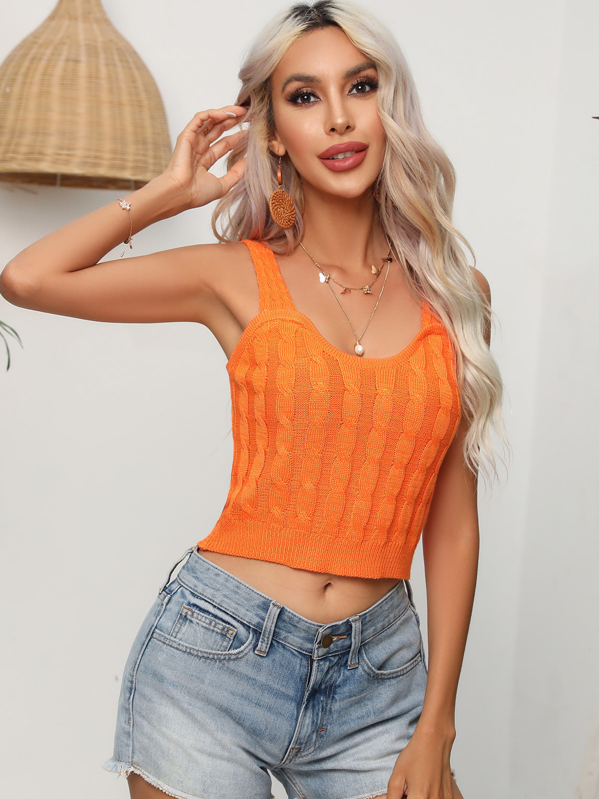 Orange Cable-Knit Cropped Knit Tank