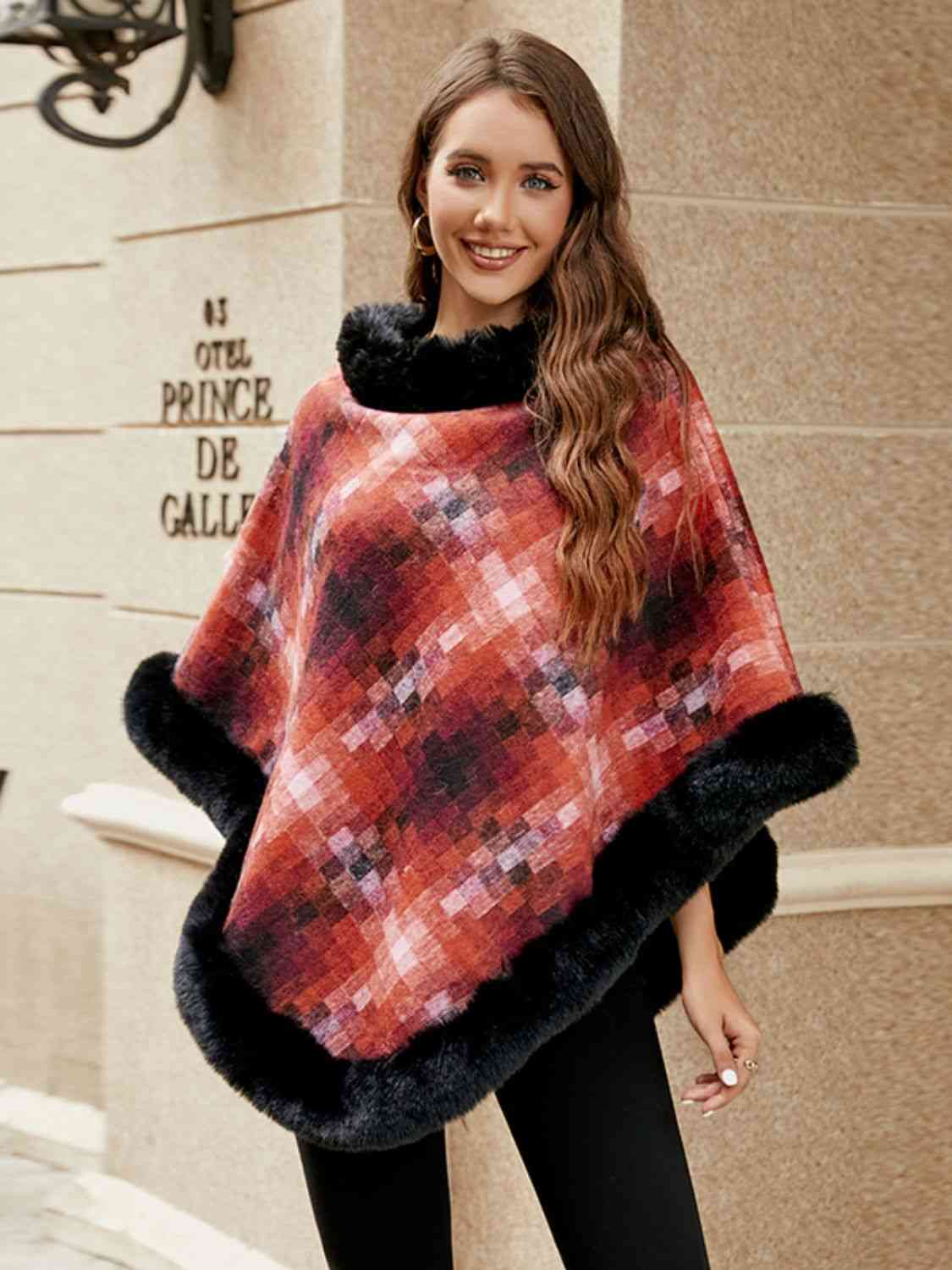 Kenya One Size Faux Fur Trim Poncho